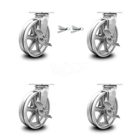 Service Caster 8 Inch V Groove Semi Steel Caster Set with Roller Bearings 4 Brake 2 Swivel Lock SCC-30CS820-VGR-TLB-BSL-2-TLB-2